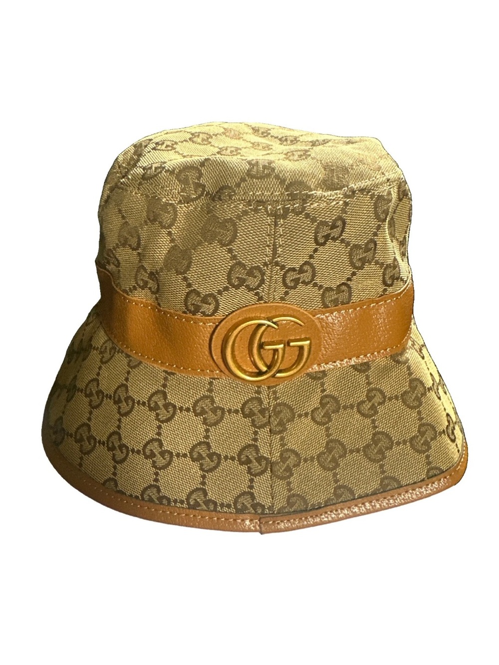 Gucci Beige Monogram Canvas Bucket Hat with Tan Leather Band